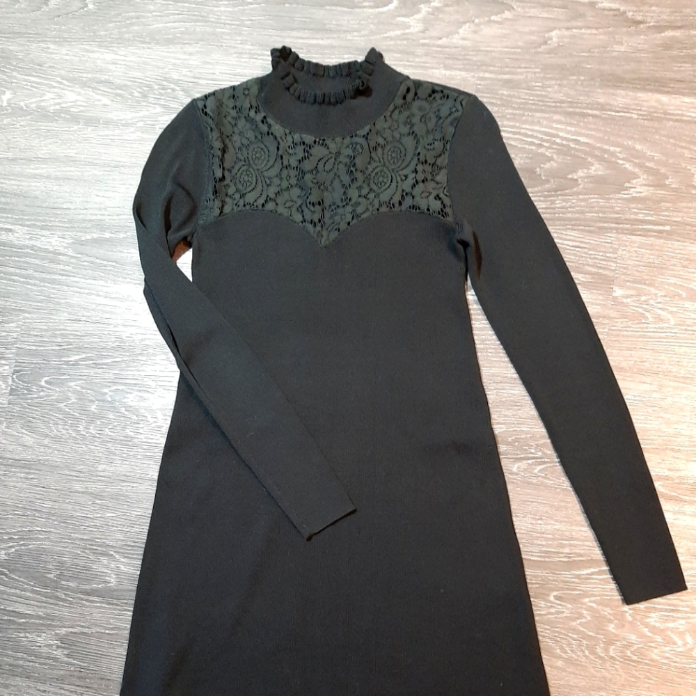 Black sweater dress with lace panel